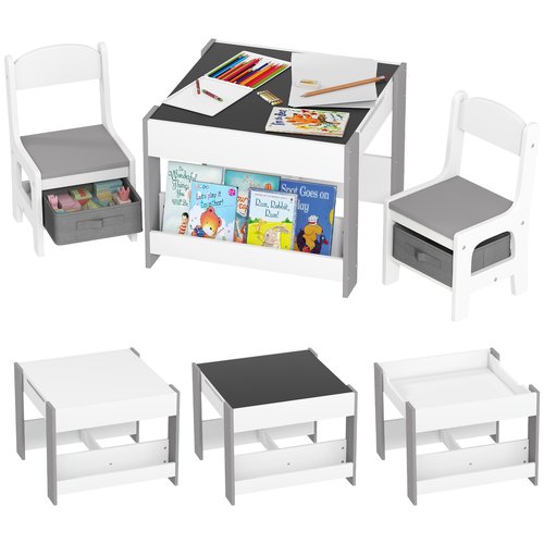 Qaba 3 Piece Kids Table and Chair Set, 4 in 1 Toddler Wooden Activity Table with Reversible Tabletop Blackboard, Storage & Bookshelves for Playroom, Nursery, Gray