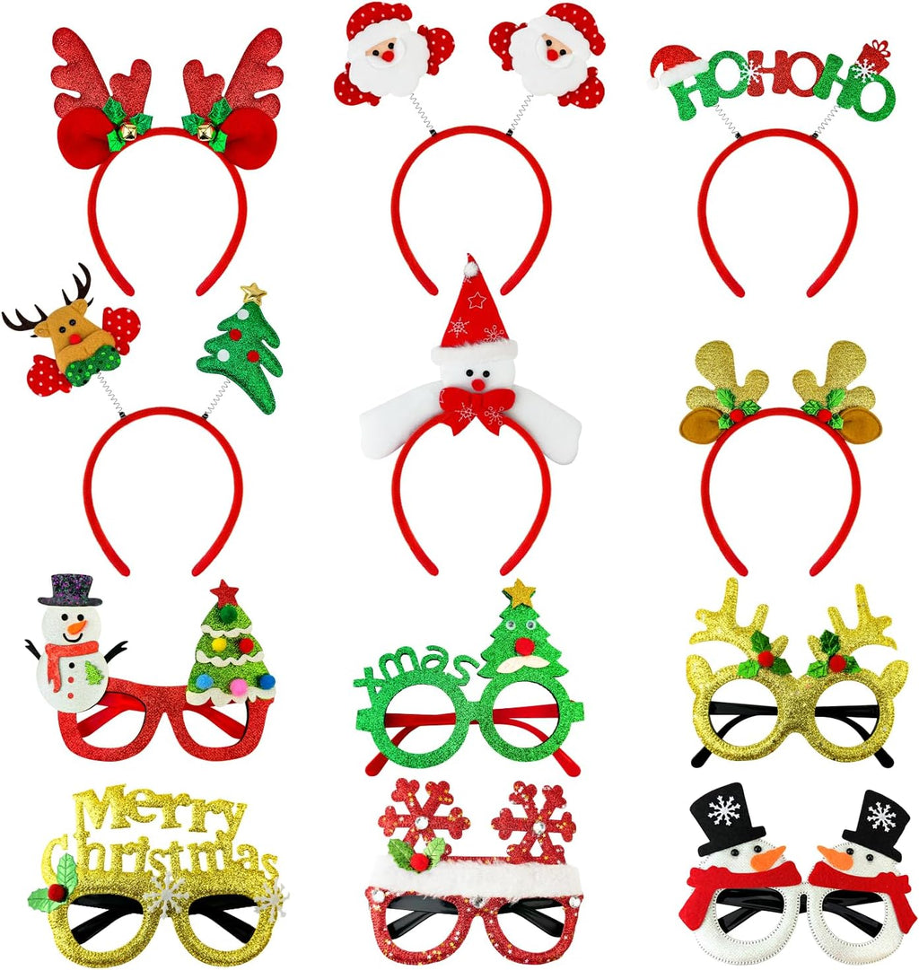 Skiennix Christmas Glasses & Headband Set - 12 Pack Glitter Eyewear & Holiday Accessories | One Size Fits All