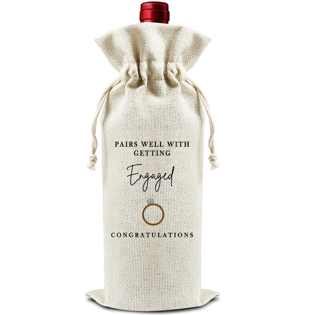 DOIUCRO Pairs Well with Getting Engaged - Gifts for Couples Wine Bags, 1 PC Reusable Drawstring Burlap Wine Bottle Bags, Engagement Gifts for Bride Groom, Wine Accessories Engagement Party Favors -06