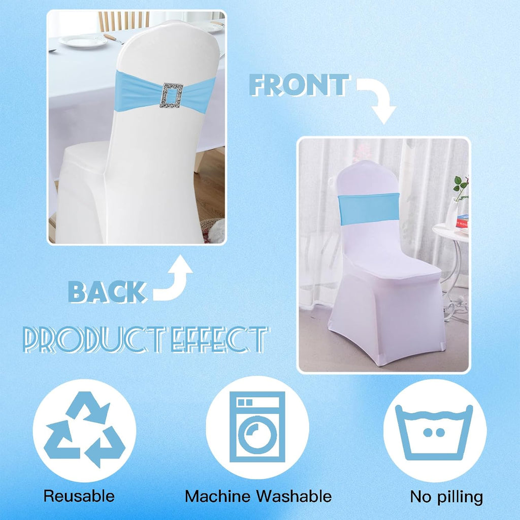 Skiennix Spandex Stretch Chair Sashes - 100 Pack Elastic Covers with Buckle Slider for Weddings & Events | Baby Blue