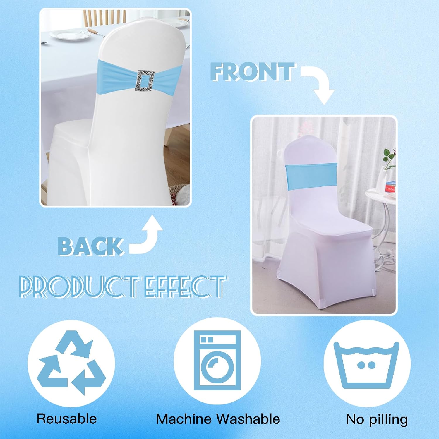 Skiennix Spandex Stretch Chair Sashes - 100 Pack Elastic Covers with Buckle Slider for Weddings & Events | Baby Blue