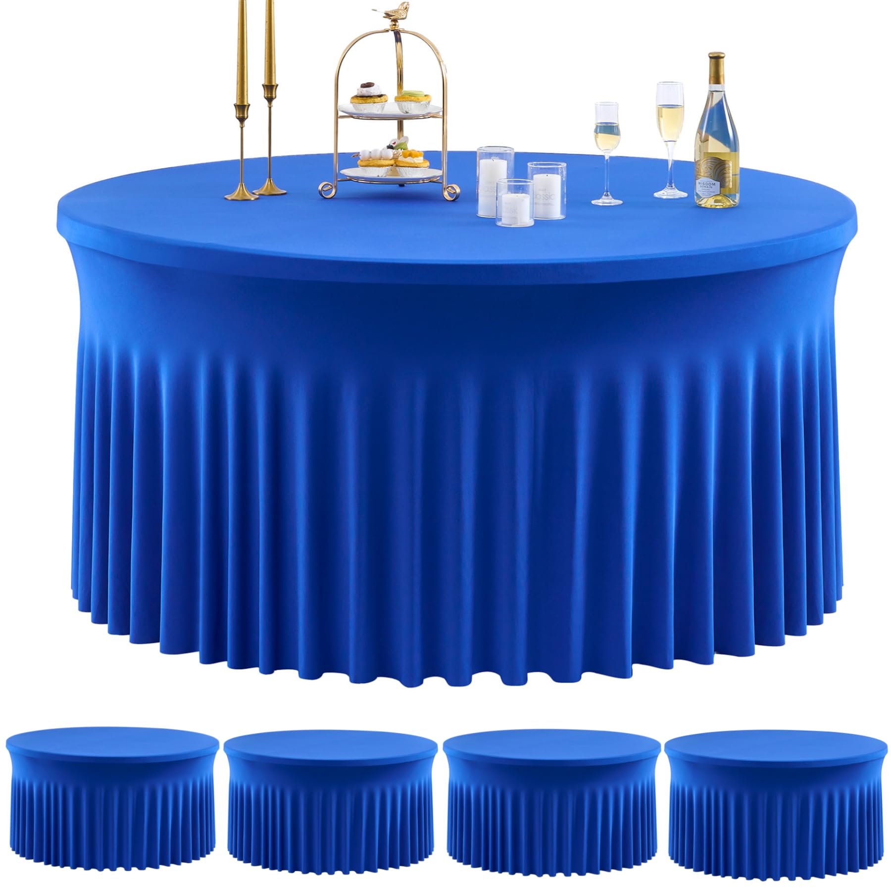 Outpain 4 Pack Spandex Royal Blue Round Tablecloths for 60in Tables, 120Inch Stretchy Fitted 5FT Round Table Clothes,Wrinkle Free Table Cover with Skirt for Wedding Party Dining Banquet