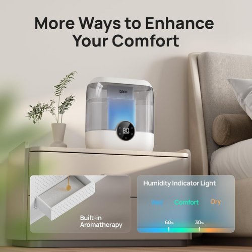 DREO 6L Top Fill Humidifier - 60H Quiet Cool Mist for Large Rooms | Perfect for Baby Nursery & Plants