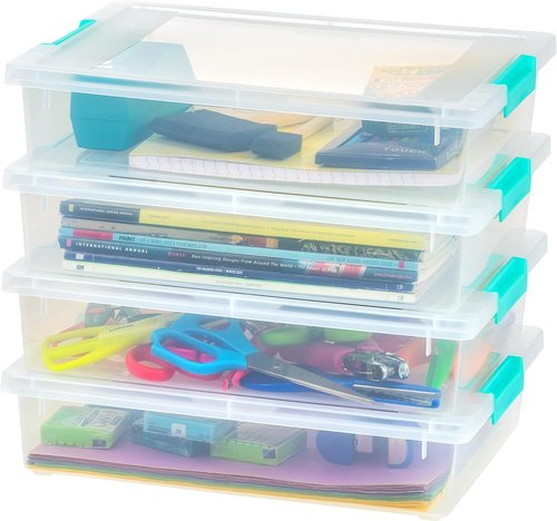 IRIS USA Craft Storage Bins - 6 Qt. Clip Box Tote Organizer, 4-Pack, Stackable - Clear & Seafoam Blue