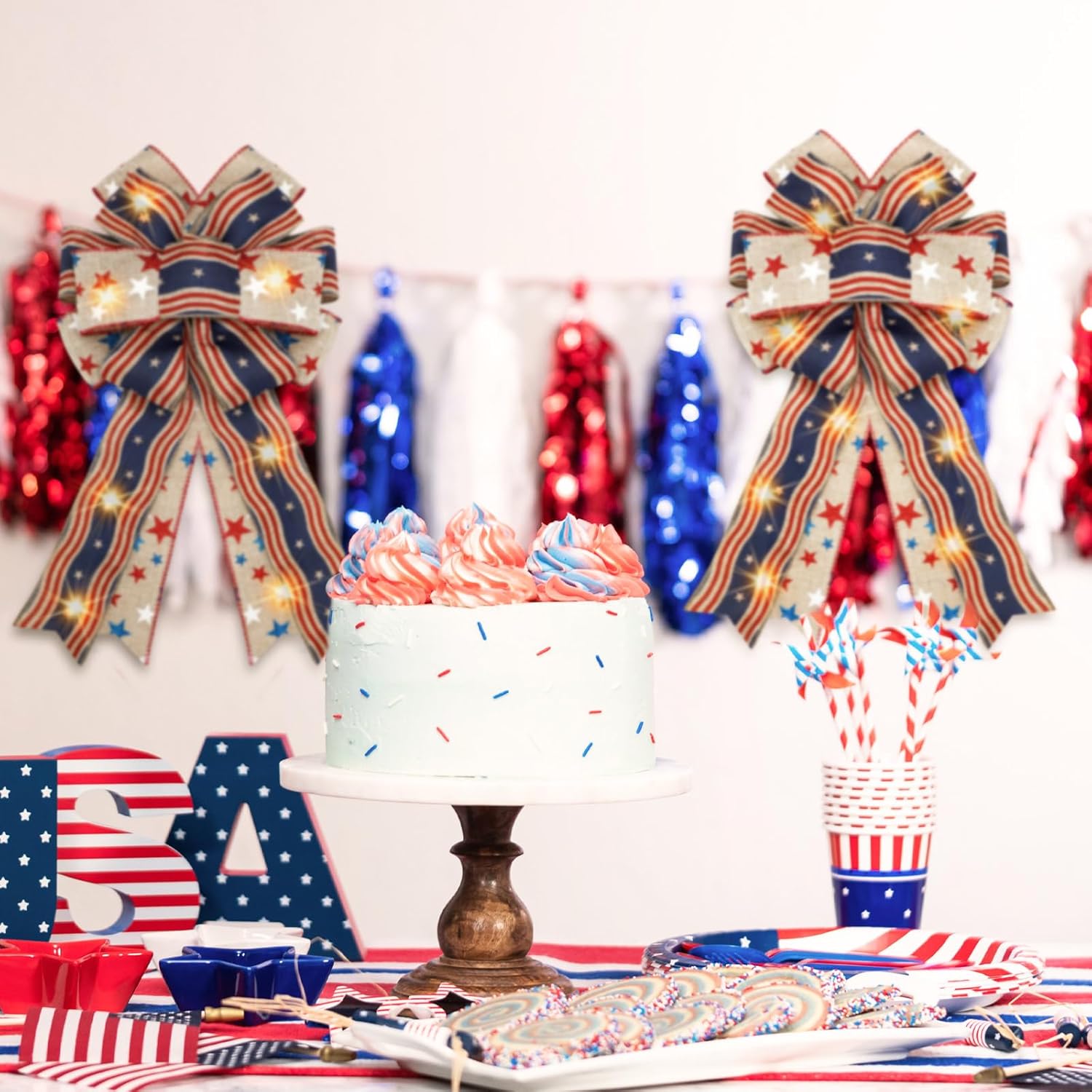 Skiennix Patriotic Lighted Wreath Bow - Large Red, White & Blue 4th of July Decor | Indoor/Outdoor