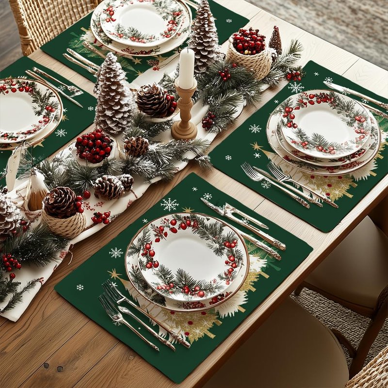 GEEORY Christmas Placemats 12x18 Inch Set of 4, Xmas Trees Snowflakes Winter Seasonal Holiday Farmhouse Kitchen Dining Table Decoration for Indoor Outdoor Dinner Party Décor (Green) GP127-18