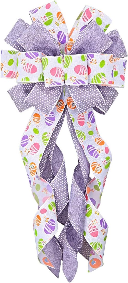 Estivaux Large Easter Wreath Bow - Purple & White Burlap with Floral Eggs | Spring Door Decor
