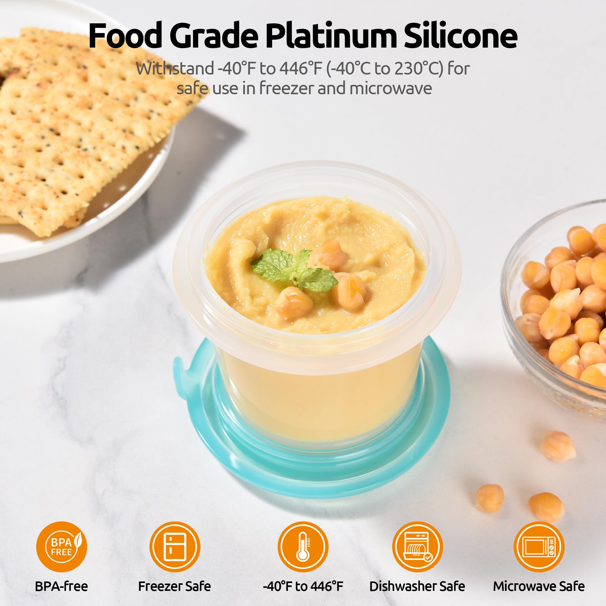 U-Taste 4oz×2 Silicone Food Container Set: Small Kitchen Storage with Airtight Lid, Freezer & Microwave Safe, Snack Box with Date Marking Circle, Clear Stackable for Yogurt, Hummus, Garnish-Aqua Sky