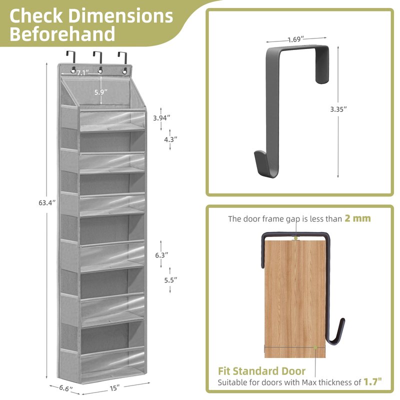 STORAGEIDEAS Over Door Organizer with 6 Extra Large Pockets 12 Side Pockets, 2-Pack Sturdy Closet Rack, Hanging Storage Organizer with Clear Window for Shoes, Diapers, Toys, Bedroom, Bathroom, Grey