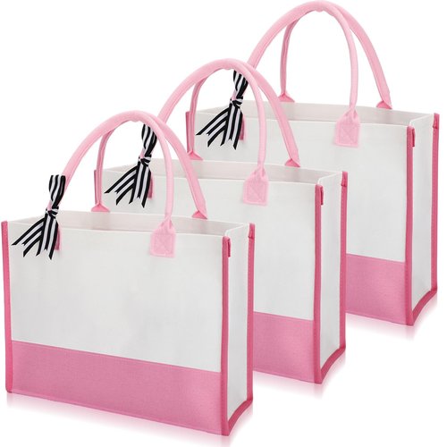 Shinylin 3 Pcs Initial Canvas Tote Bag Reusable Blank Personalized Present Bag for Valentine Bridesmaid Wedding Gift(Pink)
