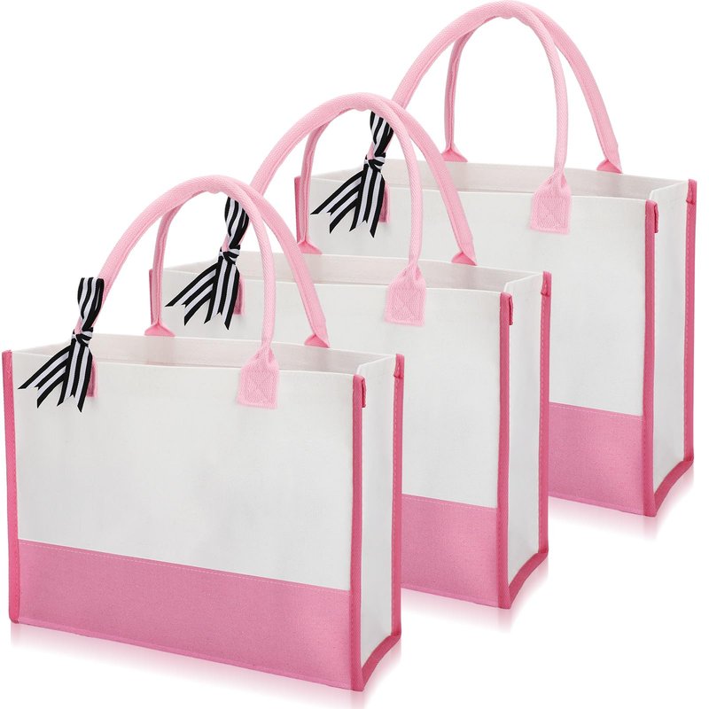Shinylin 3 Pcs Initial Canvas Tote Bag Reusable Blank Personalized Present Totes for Women, Bridesmaid, Wedding, Travel Gift(Pink)