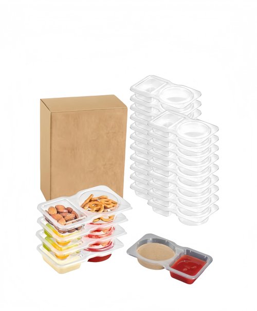 20-Pack Snack Containers with Lids, Disposable Double Compartment Sauce Cups, Portable Plastic Boxes for Snacks, Dips, Meal Prep, Portion Control, School, Office, Camping & Travel