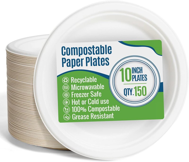 SafeWare White Paper Plates, 10 Inch, 150 Count - Food Grade Sugar Cane Fiber, Compostable & Biodegradable, Microwavable, Hot & Cold Resistant, Heavy Duty Disposable Plates Bulk