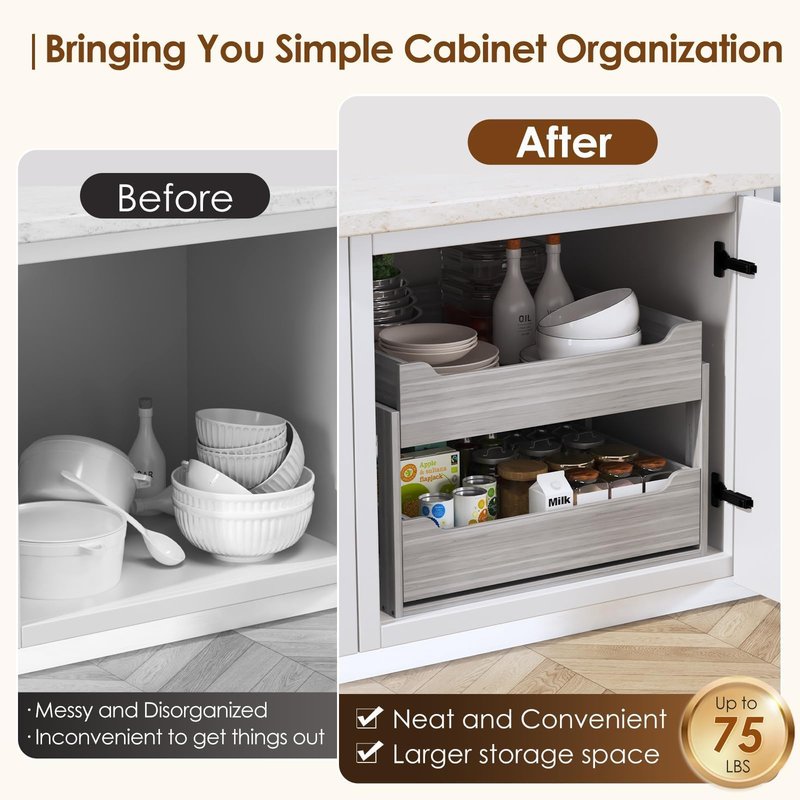 Landmok Pull Out Drawers For Cabinets, 18" W x 21.65" D x 17" H Slide Out Wooden Pull out Drawers, 2-Tier, Heavy-Duty Base Bottom Assembly Slide out Drawer Shelf Cabinet Organization for Kitchen, Gray
