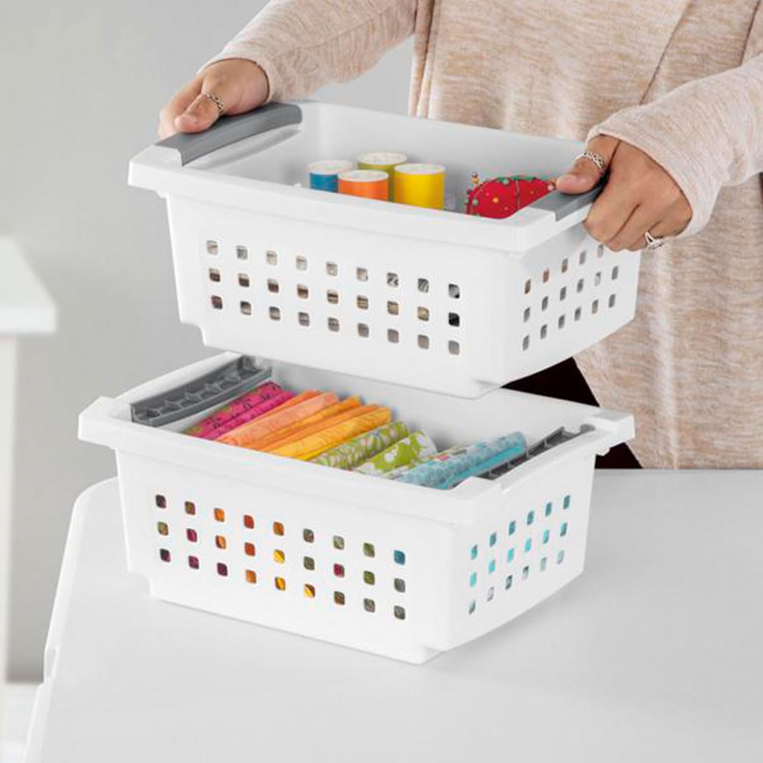 Sterilite Small Plastic Stacking Storage Baskets - Comfort Grip Handles | 8 Pack, White for Home Organization