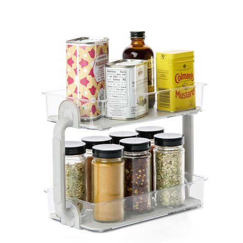 madesmart Tiered Spice Organizer, 8 Jars for Kitchen Essentials, Vertical Storage for Salt, Pepper, Cayenne, Soft-Grip Lining, Dual Handles, Grey