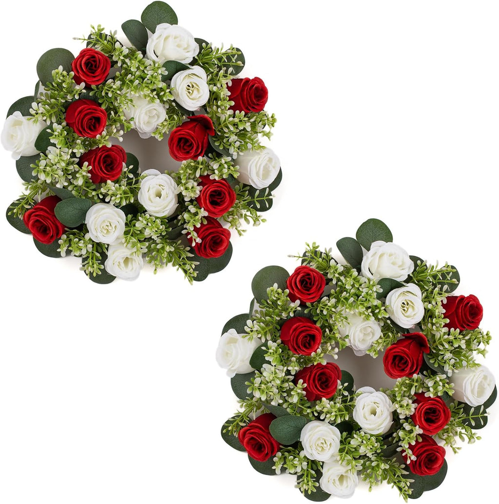NUPTIO Candle Rings | 13.4 Inch Crimson & White Flower Rose Wreaths for Weddings & Christmas Decor - 2 Pcs