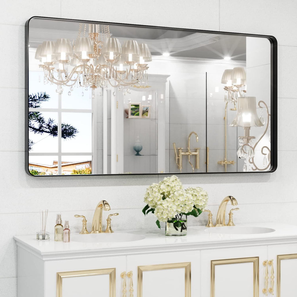 WEER Black Bathroom Mirror - 55x30 Inch Rounded Rectangle Matte Black Frame | Anti-Rust Tempered Glass
