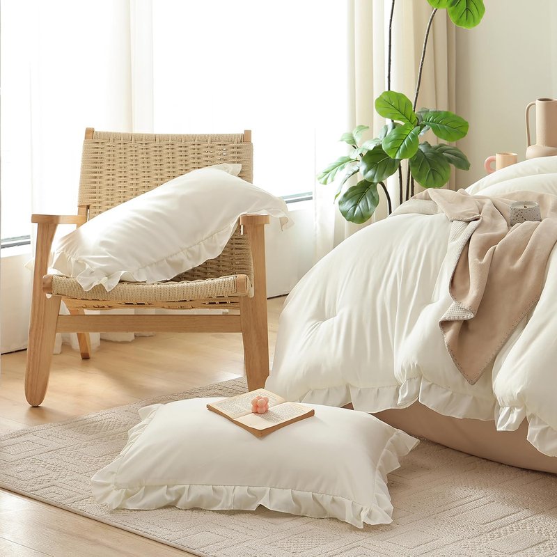 JANZAA Creamy White Comforter Set Queen – Soft Microfiber, Lightweight All Season Bedding, Ruffle Shabby Chic Aesthetic, Breathable Cozy Bed Set with 2 Pillow Shams, Machine Washable