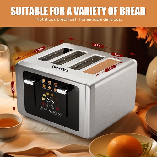 Whall 4-Slice Smart Toaster with Touchscreen & Extra-Wide Slots, Dual Independent Control, 6 Browning Levels & 6 Bread Types, Memory Function,Countdown Timer, Ideal Kitchen Gift,Silver
