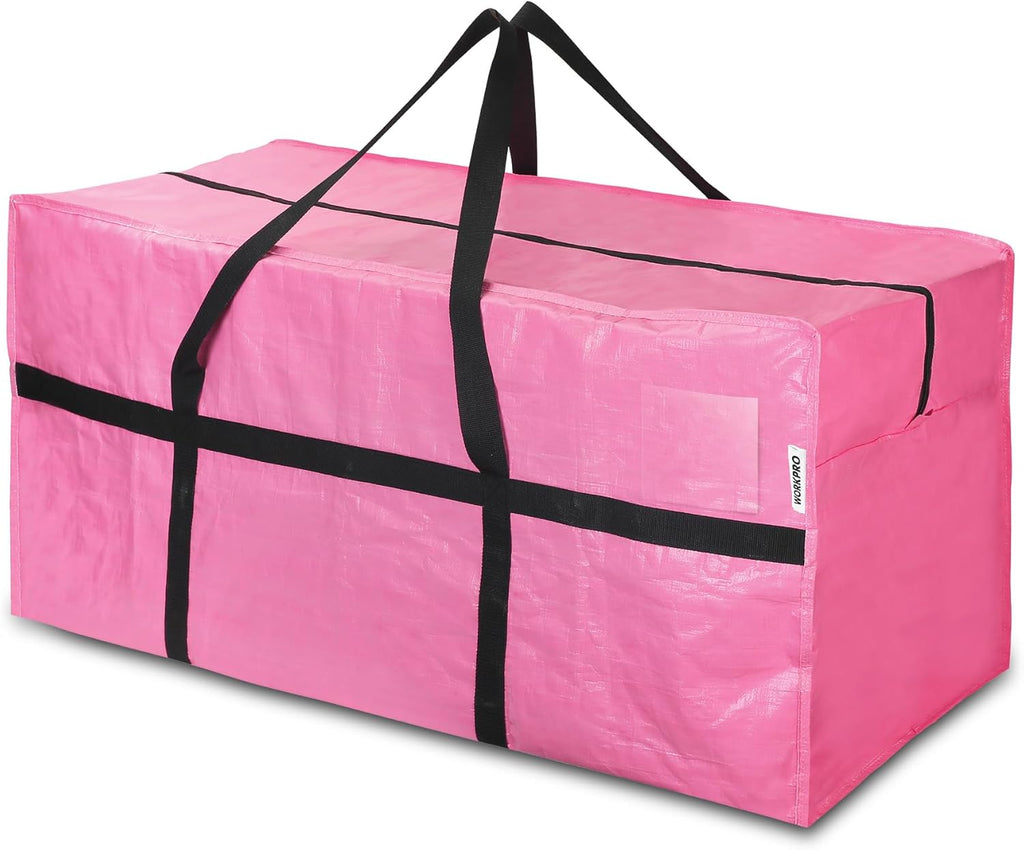 WORKPRO Extra Large 66 Gallon Moving Bag - Heavy-Duty, Water-Resistant Storage Tote with Zippers & Handles | Pink
