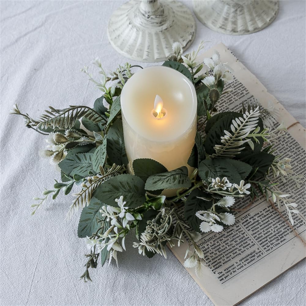 Skiennix 10-Inch Artificial Eucalyptus Leaves Wreaths - Boho Candle Rings for Home Decor (Green, 2-Pack)