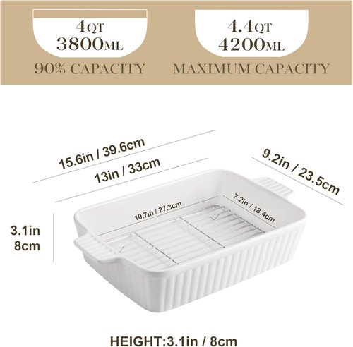 MALACASA Ceramic Bakeware Set - 5-Piece Oven Safe Casserole Dishes | Includes 9x13 Large Dish in White
