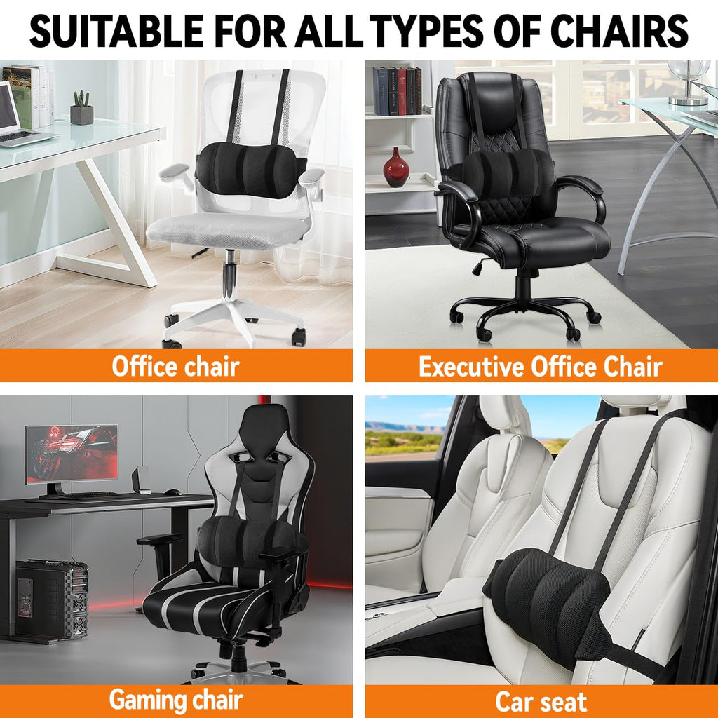 Veitail Lumbar Support Pillow for Office Chair and Car,Back Support for Office Chair Cushion,Adjustable Straps Securely Fixed Car Lumbar Support Pillow (Black, for Office Chiar)