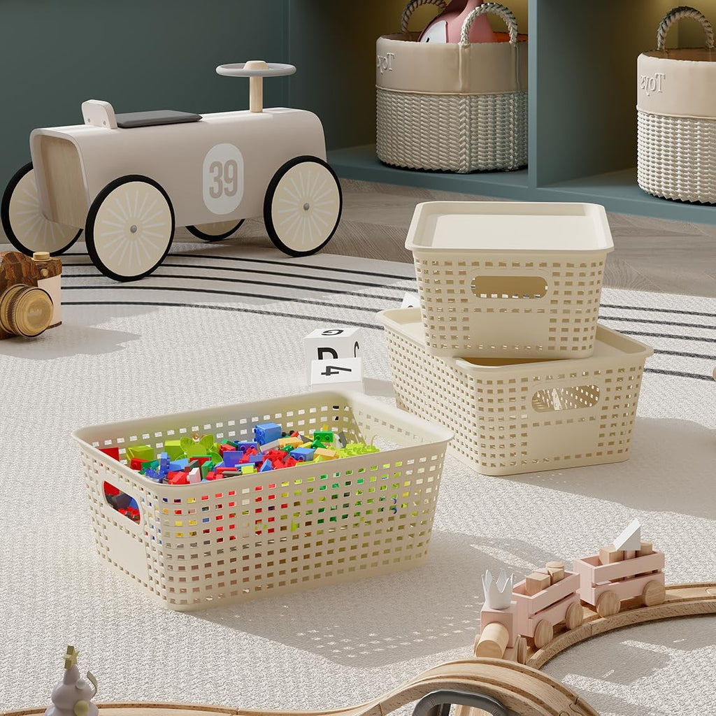 Resze Plastic Storage Baskets - 6 Pack with Lids | Breathable, Stackable Organizers for Home & Office, White