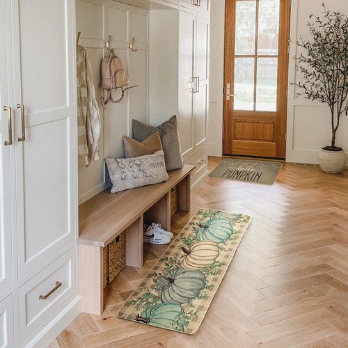 Hello Pumpkin Fall Kitchen Rugs Set of 2, Thanksgiving Farmhouse Style Kitchen Decoration Mats Cushioned Anti Fatigue Non-Slip Washable Floor Mat 17x29 and 17x47 Inch DM170