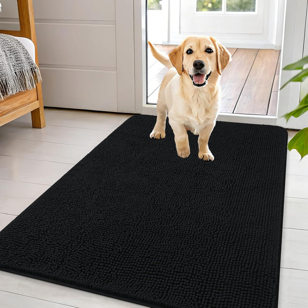 OLANLY Dog Door Mat - Absorbent Non-Slip Washable Chenille Mat for Muddy Paws | 44x32 Inches, Black