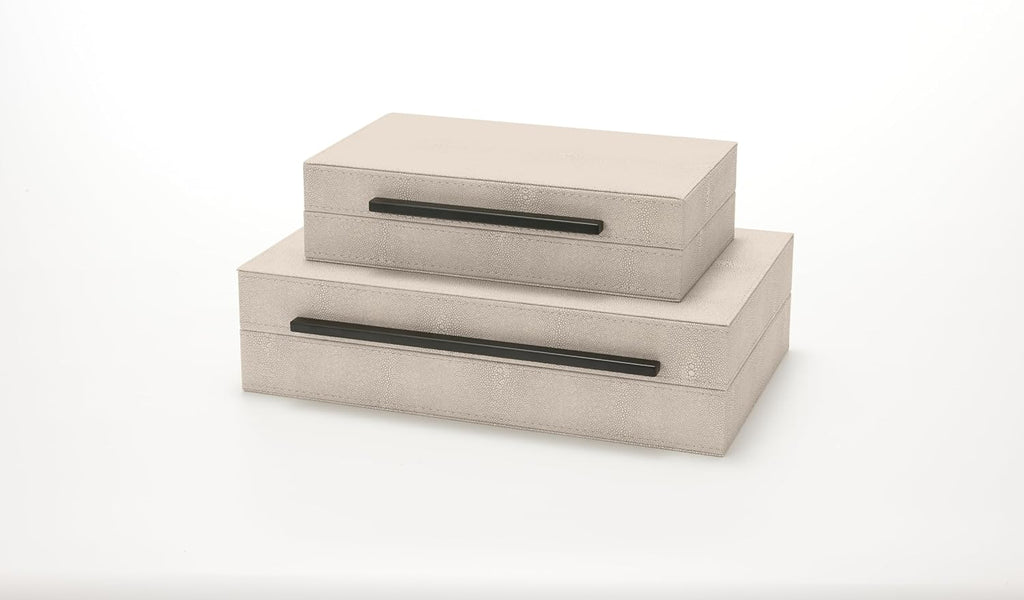 Sagala Ivory Shagreen Decorative Boxes - Set of 2 Modern Faux Leather Jewelry Organizers | Black Metal Handles