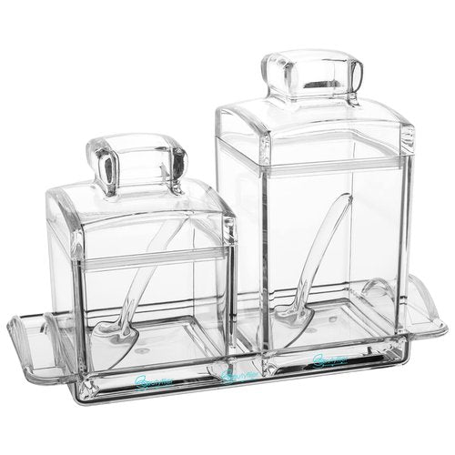 Beautyflier Sugar Bowl with Lid and Spoon and Rack, 2PCS Clear Acrylic Sugar Container for Coffee Bar Accessories, Tea, Kitchen Baking Countertop Canisters, 10/17oz Container Jar Dispenser Holder