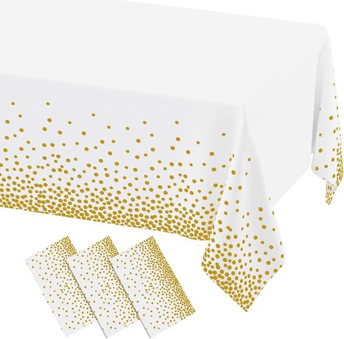 Misaya Disposable Tablecloths - 3 Packs of Waterproof 54 x 108 Inch Rectangle Covers | Gold Dots on White for Parties