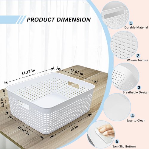 Soddeph Plastic Storage Baskets for Cabinets, Household Pantry Organization with Handle,Organizer Bins for Room,Bathrooms,Under-Sink,Kitchen (White, L-3PACK)