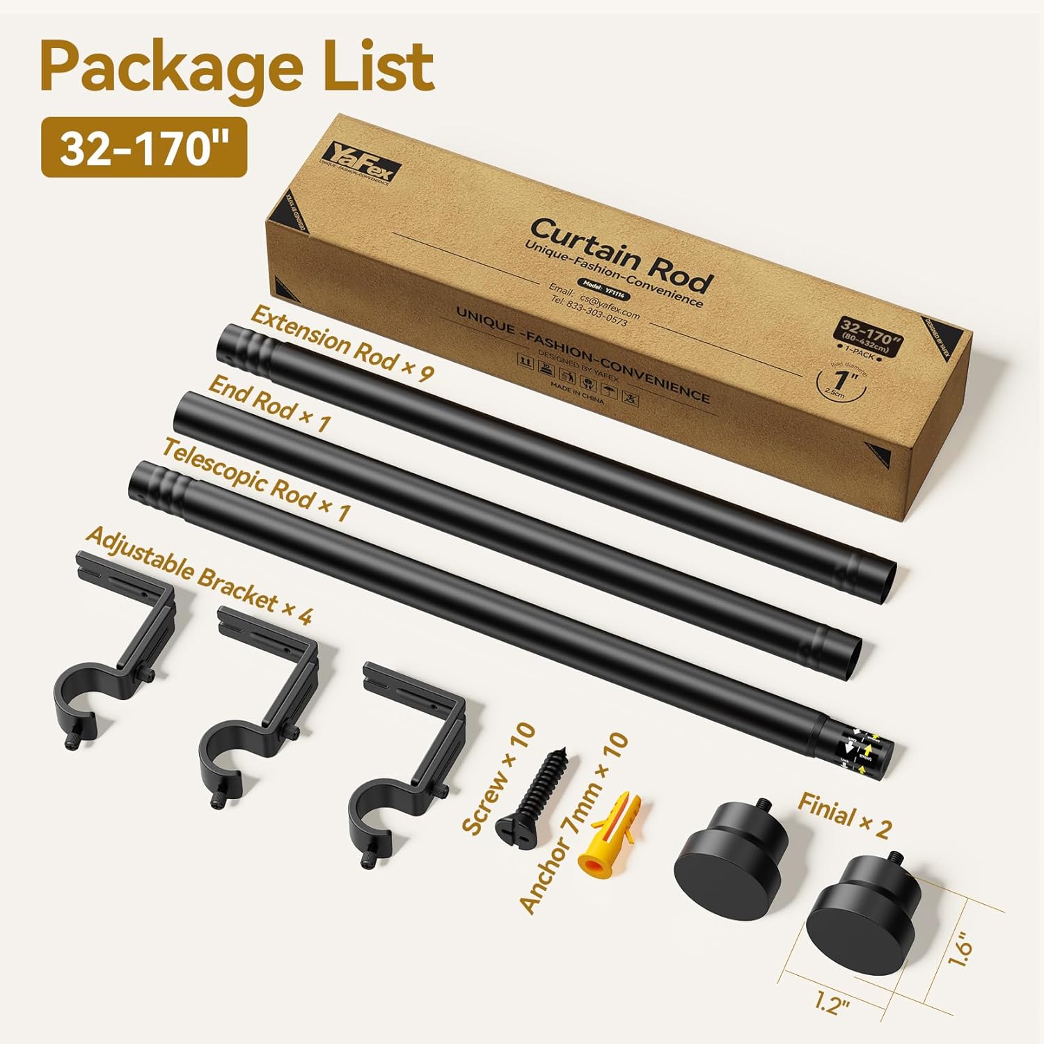 YaFex Adjustable Curtain Rods - Heavy Duty 1 Inch, 32-170 Inch, Modern Black Design for Easy Installation