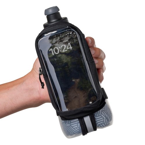 Nathan SpeedDraw 2 Insulated Handheld Running Water Bottle Flask 18oz – Double-Wall Insulation, Ergonomic Grip, Blast Valve Cap, Phone & Key Storage Pockets, Reflective Design