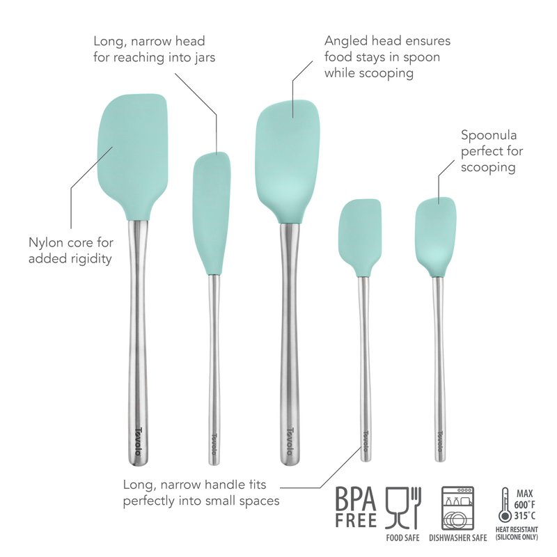Tovolo Stainless Steel Handled Silicone Spatula Set of 5, Dishwasher Safe Kitchen Spatula Set for Cooking Baking, BPA Free Silicone Spatula set with Metal Steel Handle, Aqua Seafoam Green