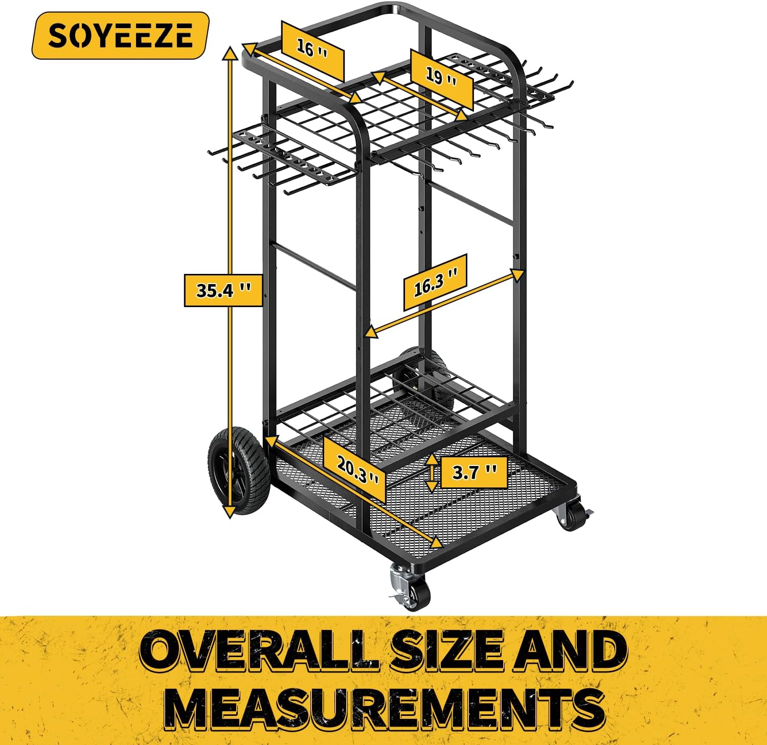 SOYEEZE Garden Tool Organizer - Heavy Duty 3-Tier Yard Tower Rack with Large Wheels | Holds 35 Tools