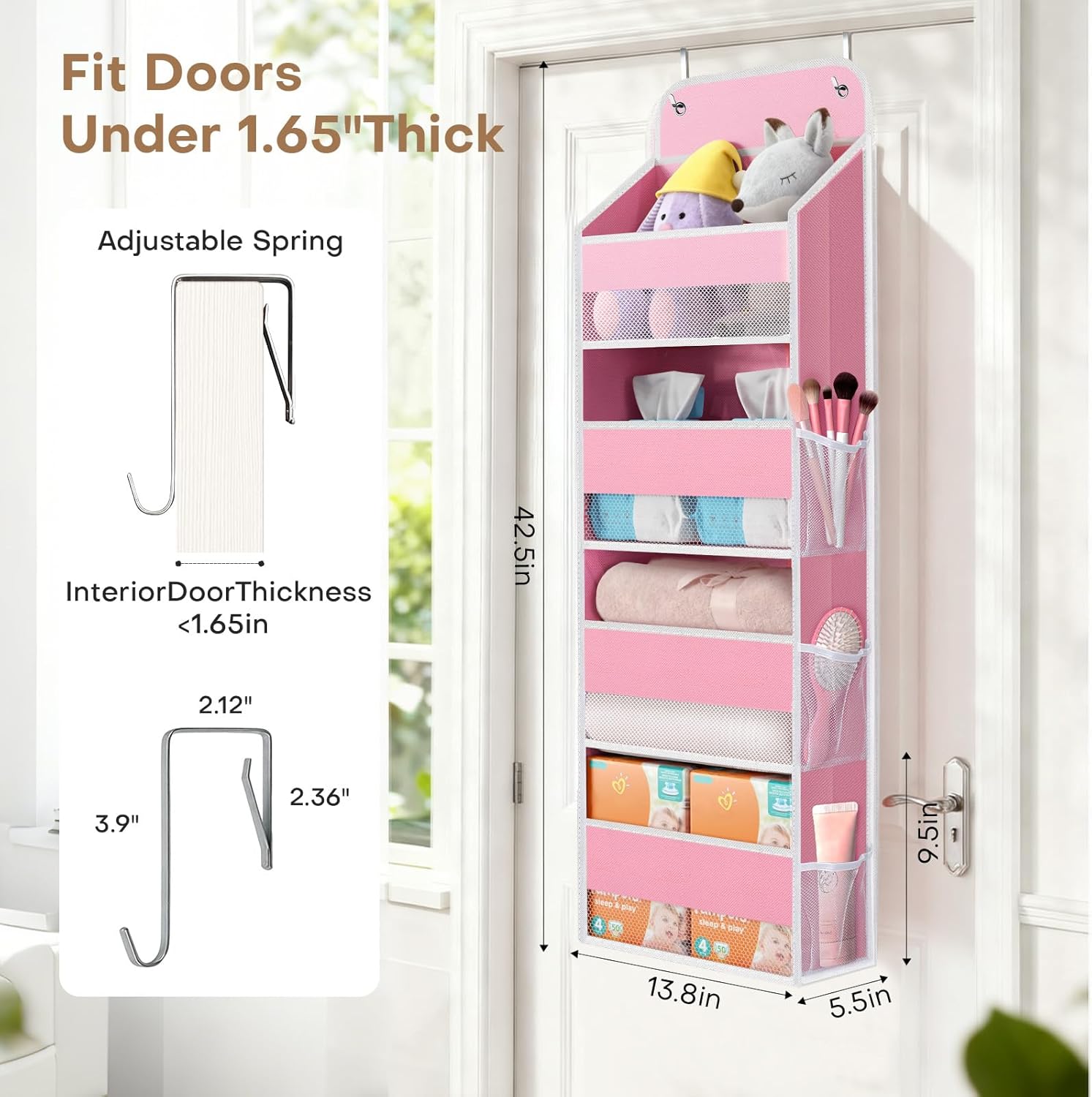 SpaceWhisper Over The Door Organizer - 4 Large Pocket Hanging Storage For Nursery & Bathroom (Pink)