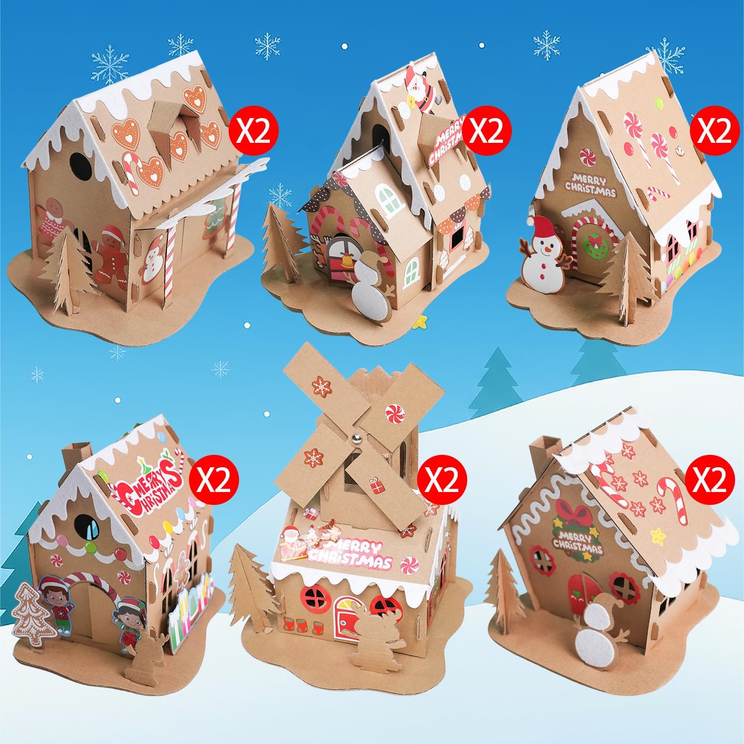 Skiennix Christmas Gingerbread House DIY Kit - 12 Pack Cardboard Houses for Kids & Adults, Festive Holiday Fun