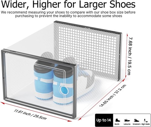 Kuject Clear Plastic Shoe Storage Boxes - Stackable 12-Pack Organizers for Sneakers & Toys | XXX-Large, Black