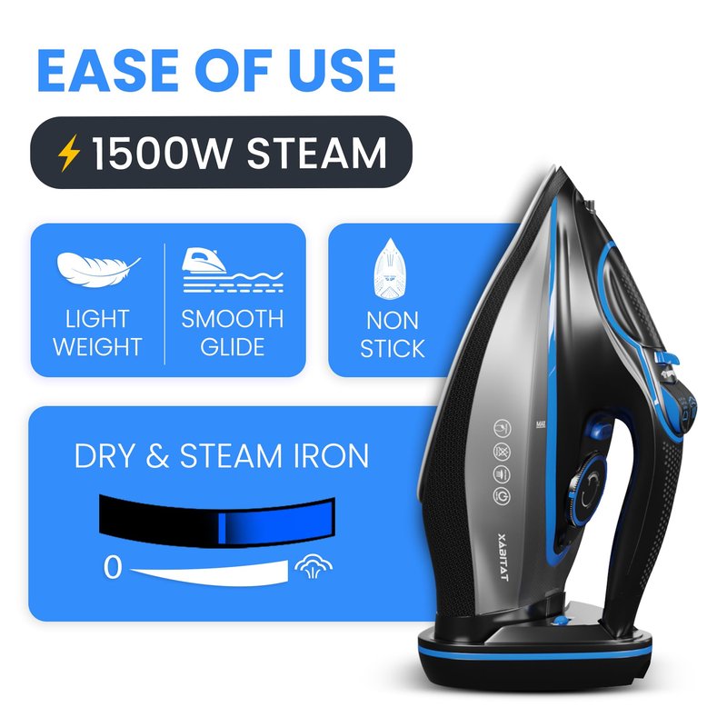 Xabitat Luxury Cordless Iron | 1500W Steam Iron | Anti Drip | Thermal Protection Technology | Nonstick Ceramic Soleplate | 2-in-1 Cord/Cordless | Adjustable & Vertical Steam Controller | Auto Shut-Off