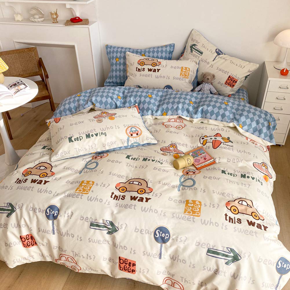 BlueBlue Cars Duvet Cover Set Twin 100% Cotton Bedding for Kids Boys Girls Teens Transportation Car Airplane Truck on Cream White 1 Cartoon Comforter Cover with Zipper Ties 2 Pillowcases Twin