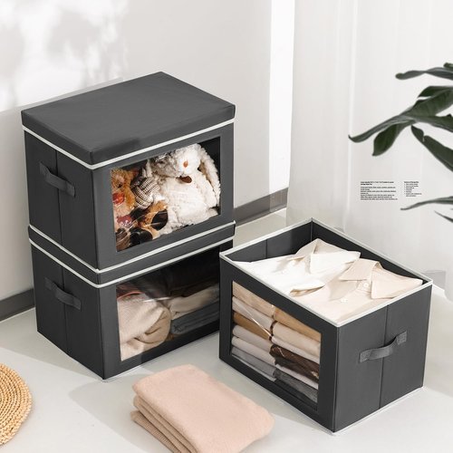 Homsorout Stackable Storage Bins - Large Foldable Closet Organizer with Lids | 4-Pack Dark Grey