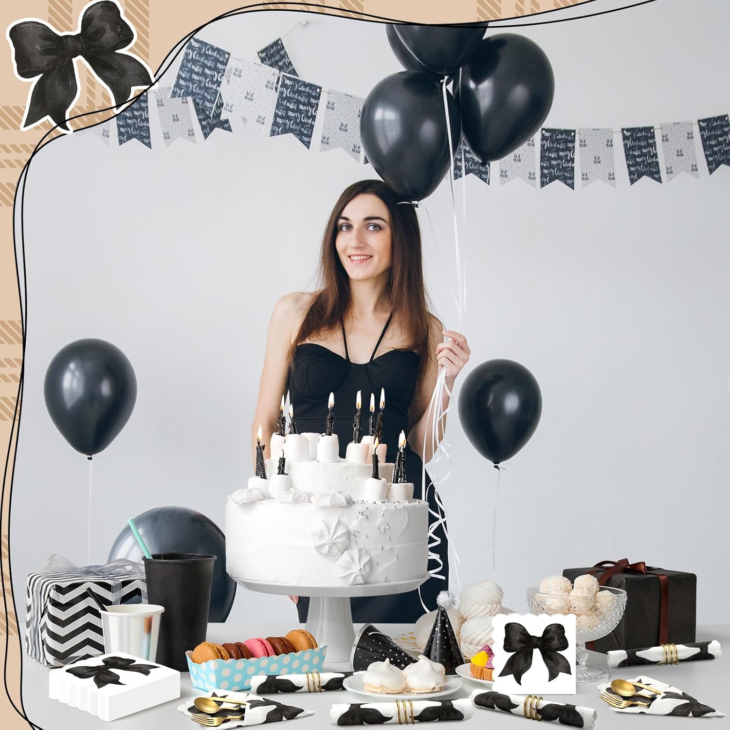 Skyygemm Black Bow Napkins - 150 Pcs Disposable Paper for Bachelorette & Bridal Showers | Coquette Theme Party Decor
