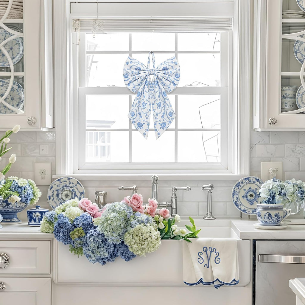 Suncalla Chinoiserie Wreath - Cute Flower Bow Front Door Hanger for Spring & Weddings | Blue Toile