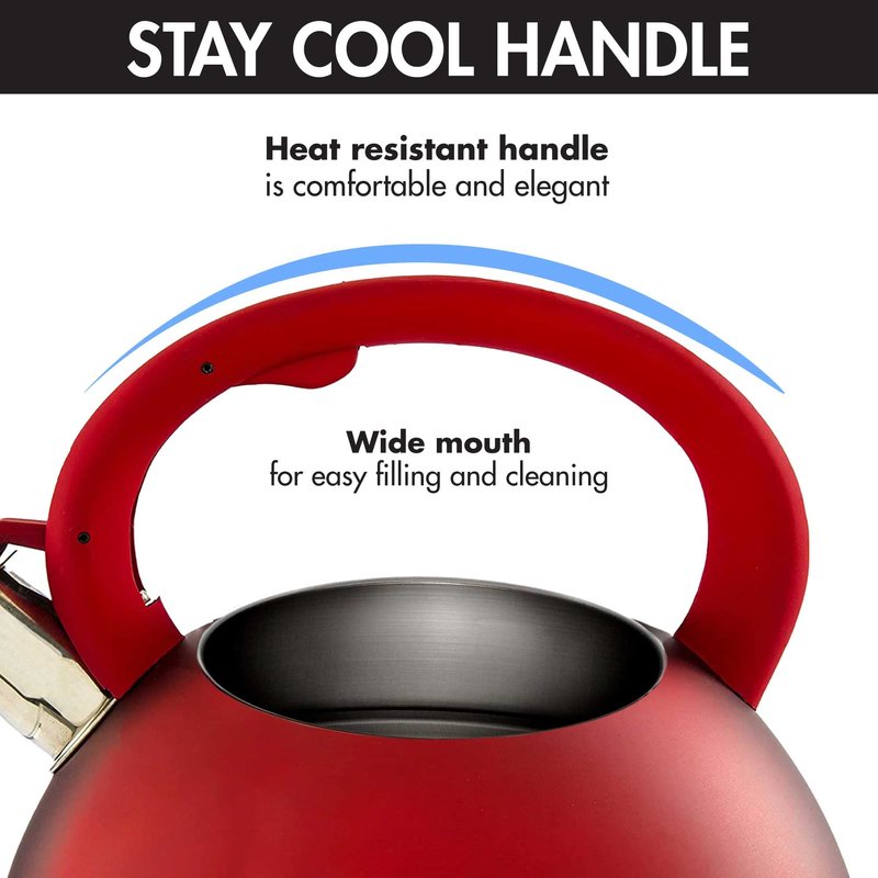 Primula Avalon Whistling Kettle - Whistling Spout, Locking Spout Cover, and Stay-Cool Handle - Stainless Steel - 2.5 Quarts - Matte Red (PAVRE-6225)
