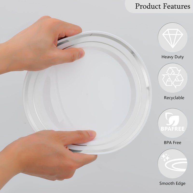 ISFANGCO 50 PCS Silver and White Plastic Plates for 50 Guests,10.25inch Silver Rimmed White Disposable Plastic Plates for Wedding,Party,Birthday,Smooth Edge & Heavy Duty Dinner Plate