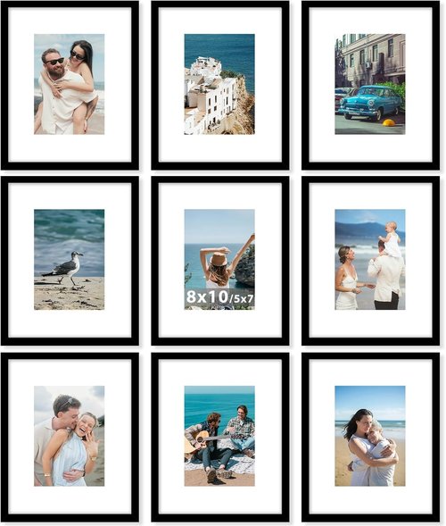 JCJMY 9-Pack 8x10 Picture Frames - Versatile Display for 5x7 with Mat or 8x10 Without Mat | Black Collage Wall Decor